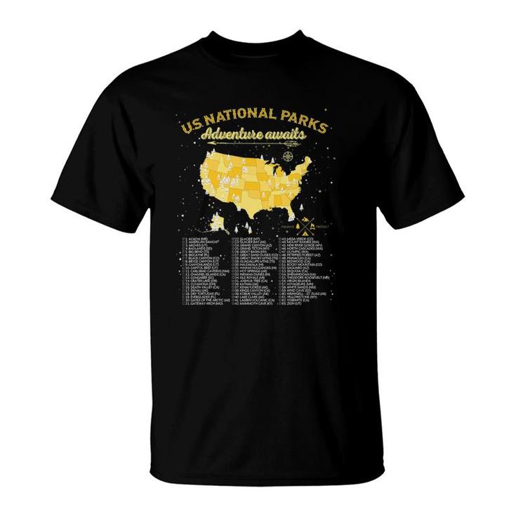 63 National Parks Map Gifts Us Park Vintage Camping Hiking T-Shirt