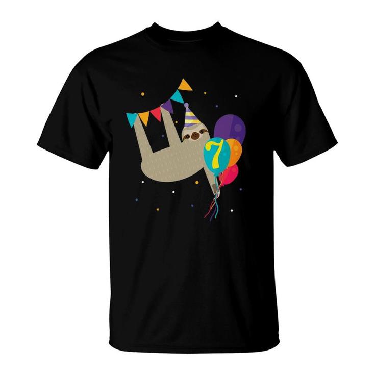 7Th Birthday Sloth Lovers Gift 7 Years Old Boy Girl T-Shirt