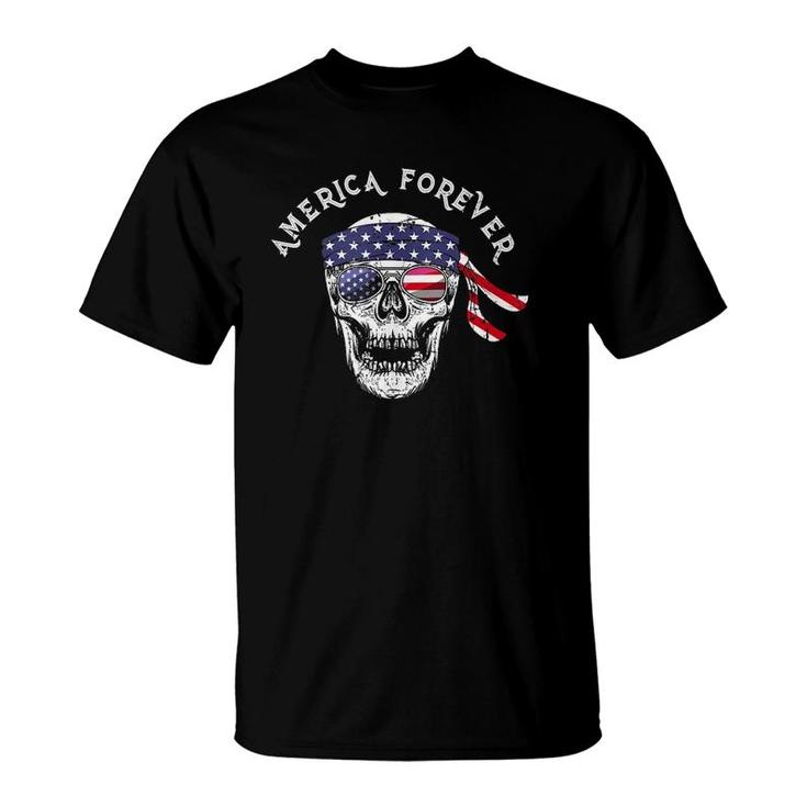America Forever Patriotic Skull American Flag Sunglasses  T-Shirt