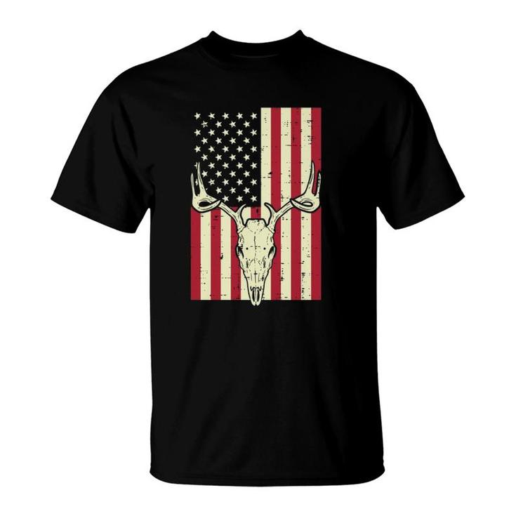American Flag Deer Skull Vintage Hunting Patriotic Hunt Dad T-Shirt