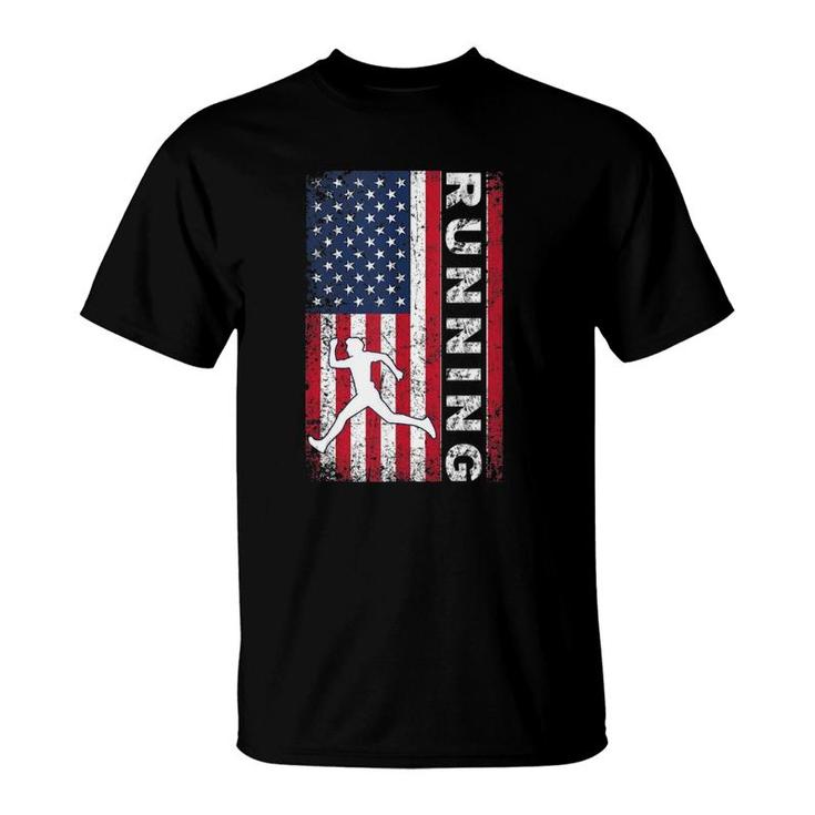 American Us Flag Running Marathon Patriotic Runner Girl Boy  T-Shirt
