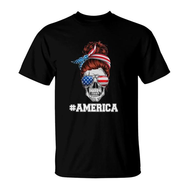 American Women Usa Flag Messy Bun Skull Mom 4Th Of July T-Shirt