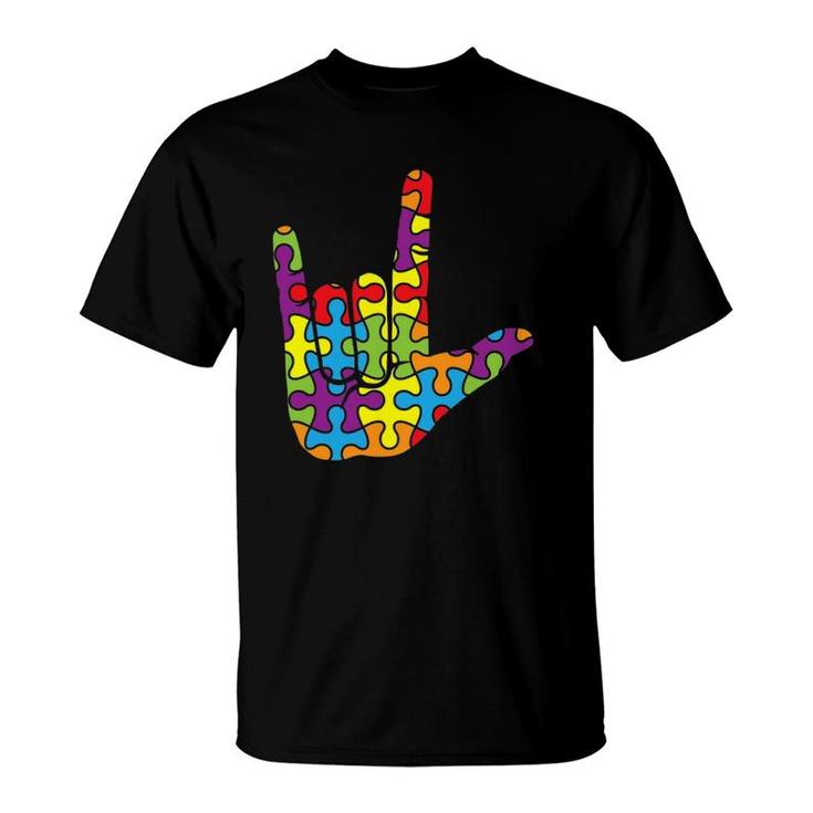Asl Love Sign Language - Autistic Puzzle Autism Awareness T-Shirt
