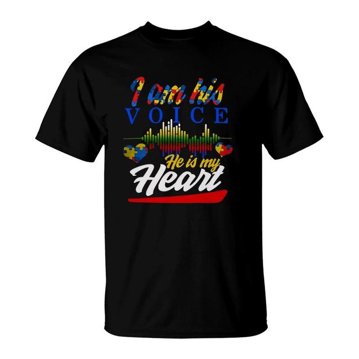 Autism I Am His Voice He Is My Heart Autism Awareness Gift Hearts Heartbeat Puzzle Pieces Women Mom D Puzzle Pieces T-Shirt