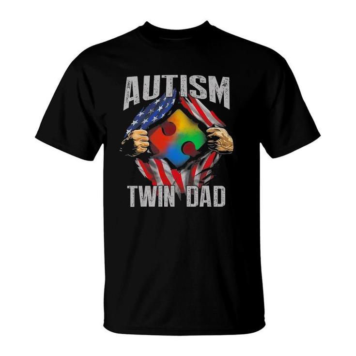 Autism Twin Dad American Flag Autism Awareness T-Shirt