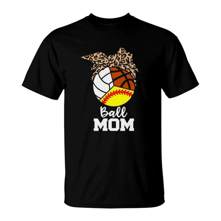 Ball Mom Funny Softball Volleyball Basketball Leopard Mom T-Shirt