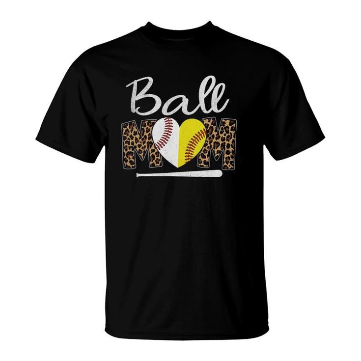 Ball Mom Leopard Funny Softball Baseball Women Mother's Day T-Shirt
