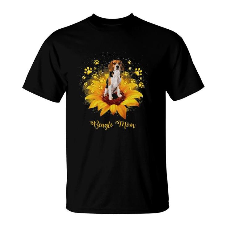 Beagle Mom Sunflower With Dog Paw Mother's Day T-Shirt