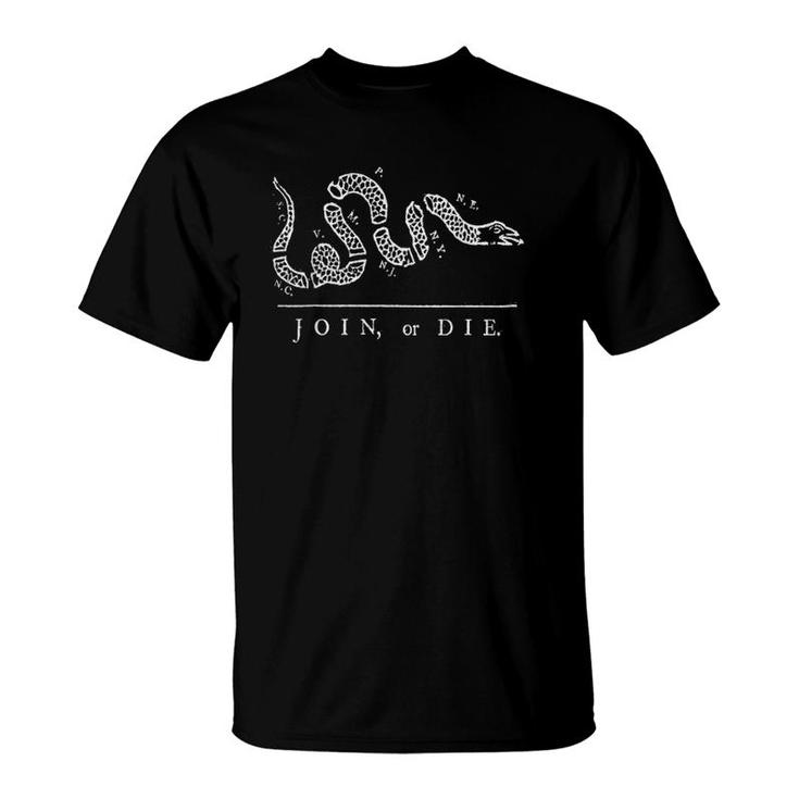 Benjamin Franklins Join Or Die Satirical Message In White T-Shirt