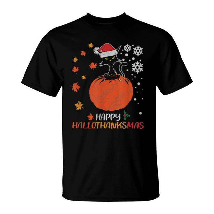 Black Cat Holiday Happy Hallowthanksmas Christmas Halloween  T-Shirt