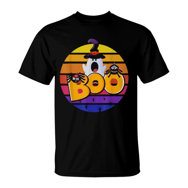 Boo With Cute Spiders And Witch Hat Halloween Sunset Retro  T-Shirt