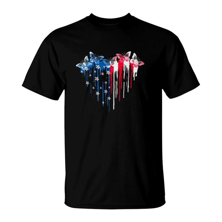 Butterfly Lover 4Th Of July Dripping American Flag Heart T-Shirt