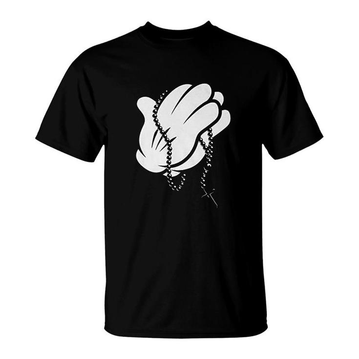 Cartoon Glove Prayer Hands Rosary Bead Cross T-Shirt