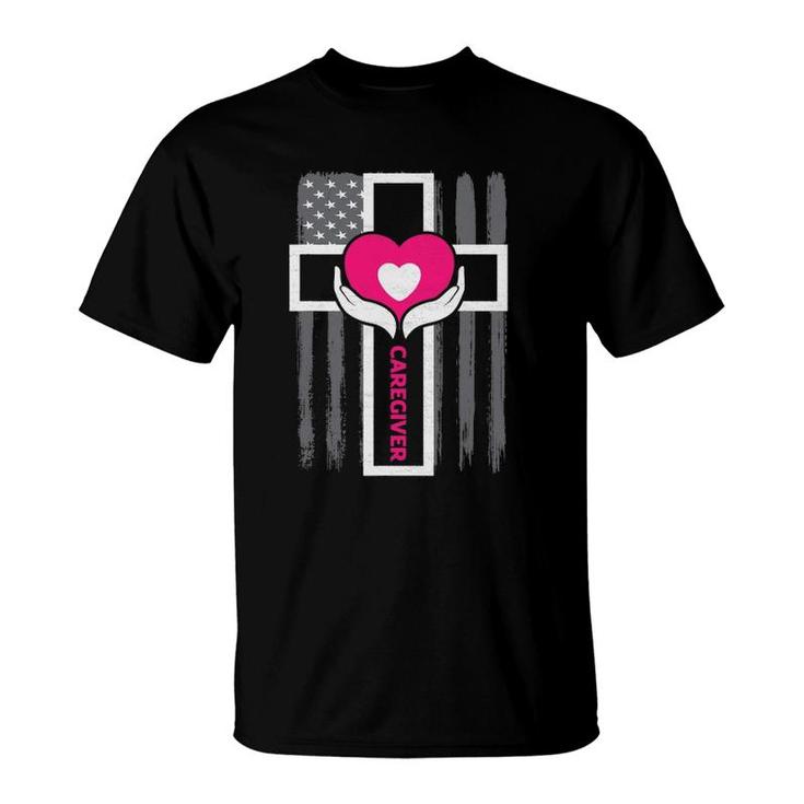 Christian Caregiver Jesus Christ Usa Flag Funny Caregiver T-Shirt