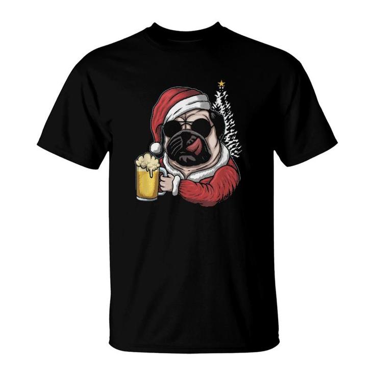 Christmas A Pitbull Dog Santa Hat And Drink Beer On Xmas Tee  T-Shirt