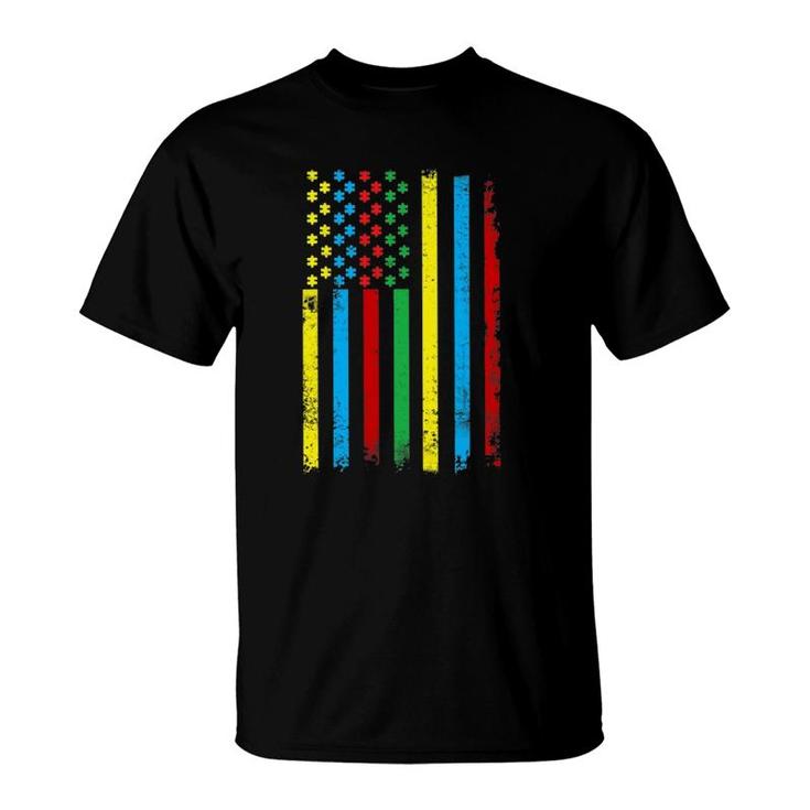 Colorful Usa Flag Puzzle Pieces World Autism Awareness Tee T-Shirt