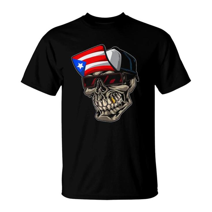 Cool Puerto Rican Skull With Cap And Puerto Rico Flag  T-Shirt