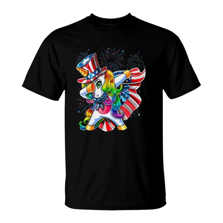Dabbing Unicorn 4Th Of July American Flag Uncle Sam Girls T-Shirt