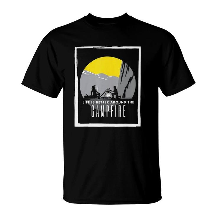 Dad And Son Outdoor Campfire On Mountain Summertime T-Shirt
