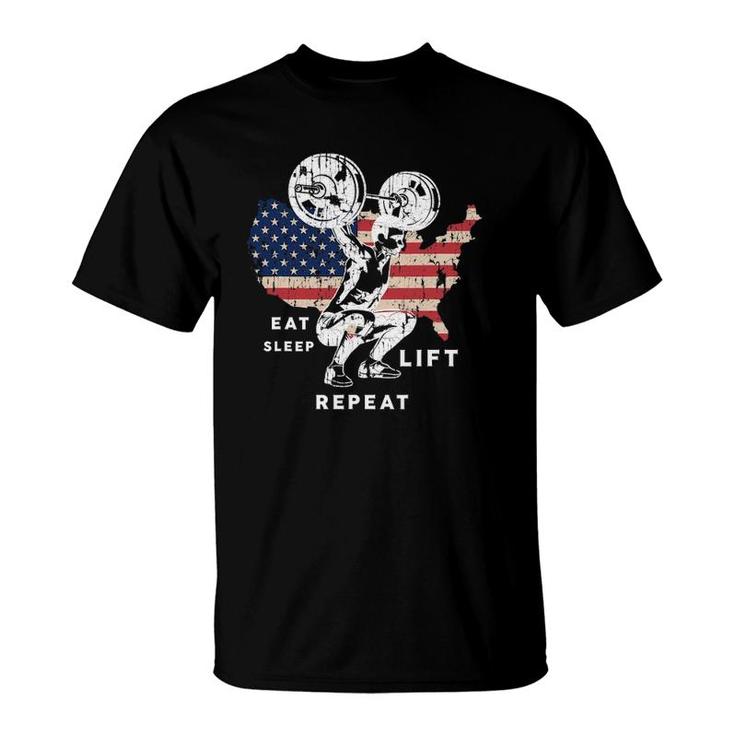 Eat Sleep Lift Repeat Gym American Workout Usa Flag T-Shirt