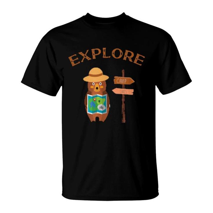 Explorer Backpacking Hiking Bear With Map,Camping And Hiking  T-Shirt