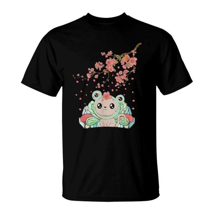 Fairycore Aesthetic Fairy Cat Frog Head Cherry Blossom  T-Shirt