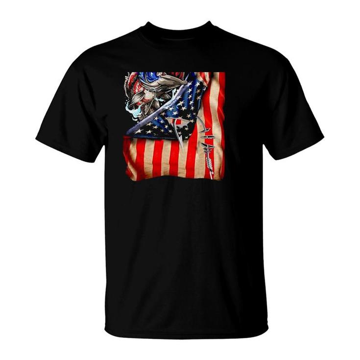 Fishing Fish Hooked American Flag T-Shirt
