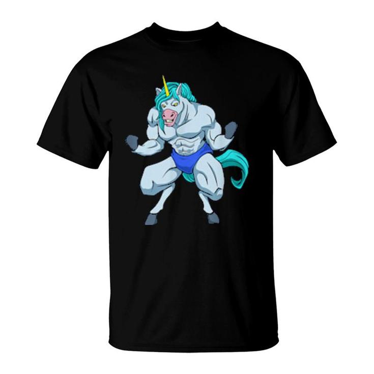 Fitness Bodybuilder Unicorn Shows Muscles Gym  T-Shirt