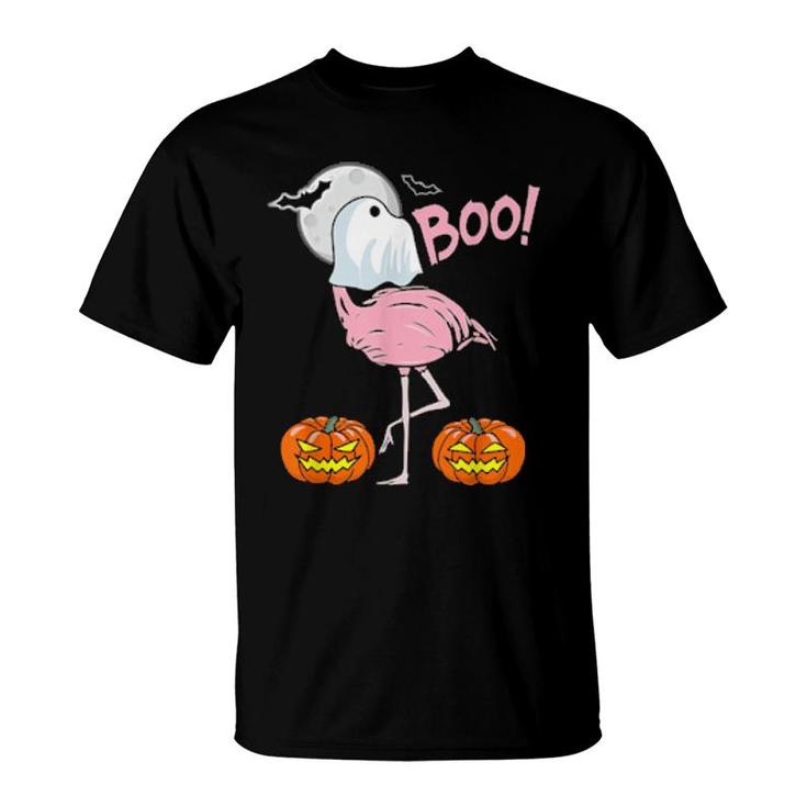 Flamingo Ghost Boo Pink Sunset Retro Halloween Bird Animal T-Shirt