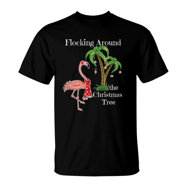 Flocking Around The Christmas Tree Flamingo With Palm Tree T-Shirt