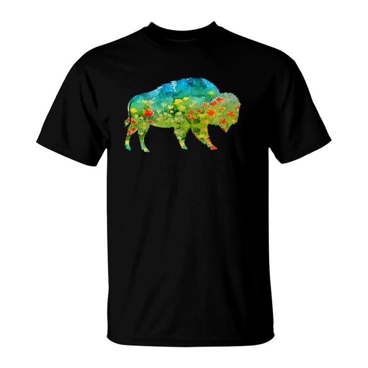 Flower Silhouette Bison Buffalo T-Shirt