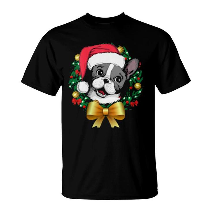 French Bulldog Christmas  Santa Xmas Wreath Tree  T-Shirt