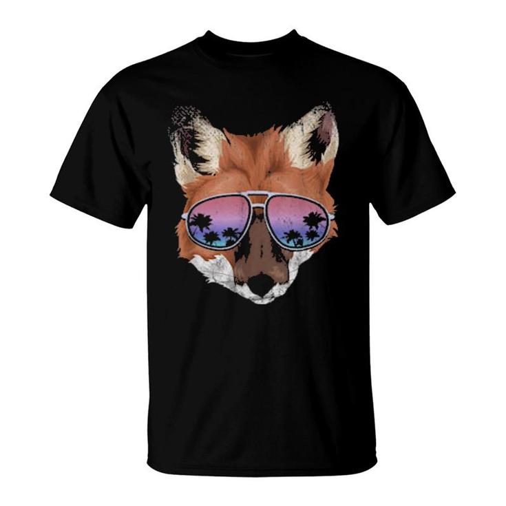 Funny Animal Tropical Summer Palm Trees Cool Sunglasses Fox  T-Shirt