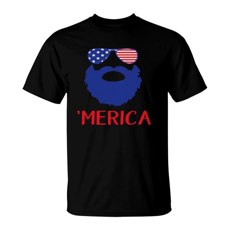 Funny Merica Beard Face And Sunglass Patriotic 4Th July Gift T-Shirt