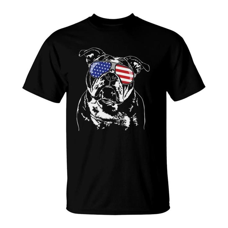 Funny Proud Old English Bulldog American Flag Sunglasses  T-Shirt