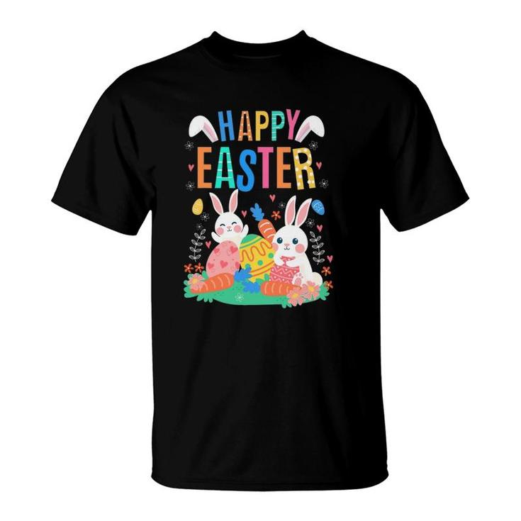 Happy Easter Day Cute Bunny With Eggs Easter Womens Girls T-Shirt