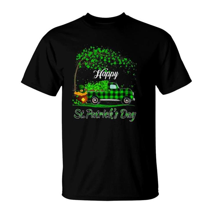 Happy St Patrick's Day Green Truck Buffalo Plaid Shamrock T-Shirt