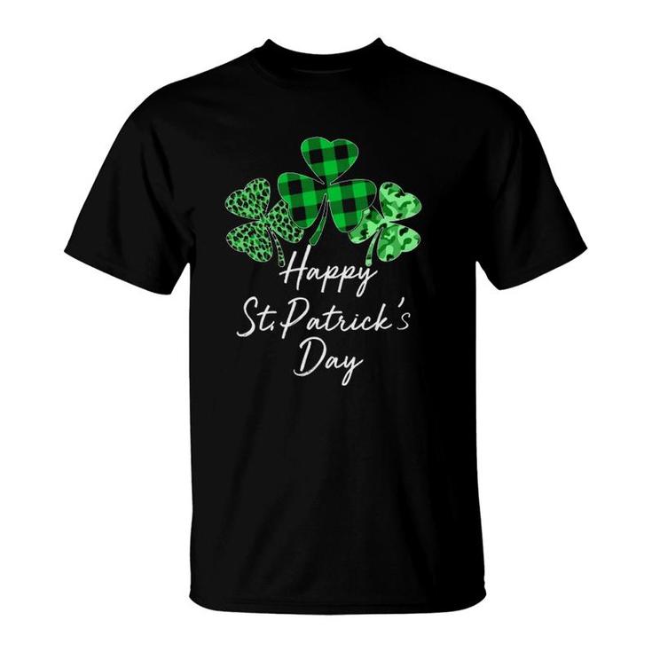 Happy St Patricks Day Plaid Shamrock Leopard Camouflage Gift T-Shirt