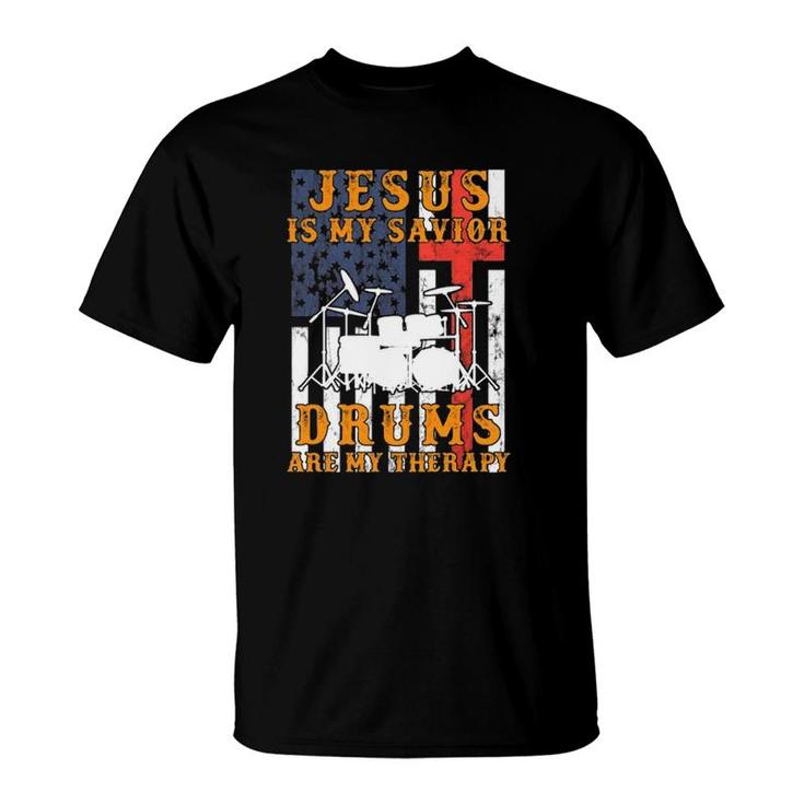 Jesus Is My Savior Drums Are My Therapy Vintage American Flag T-Shirt