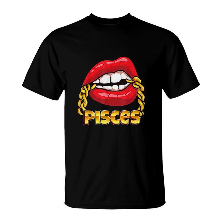 Juicy Lips Gold Chain Pisces Zodiac Sign T-Shirt