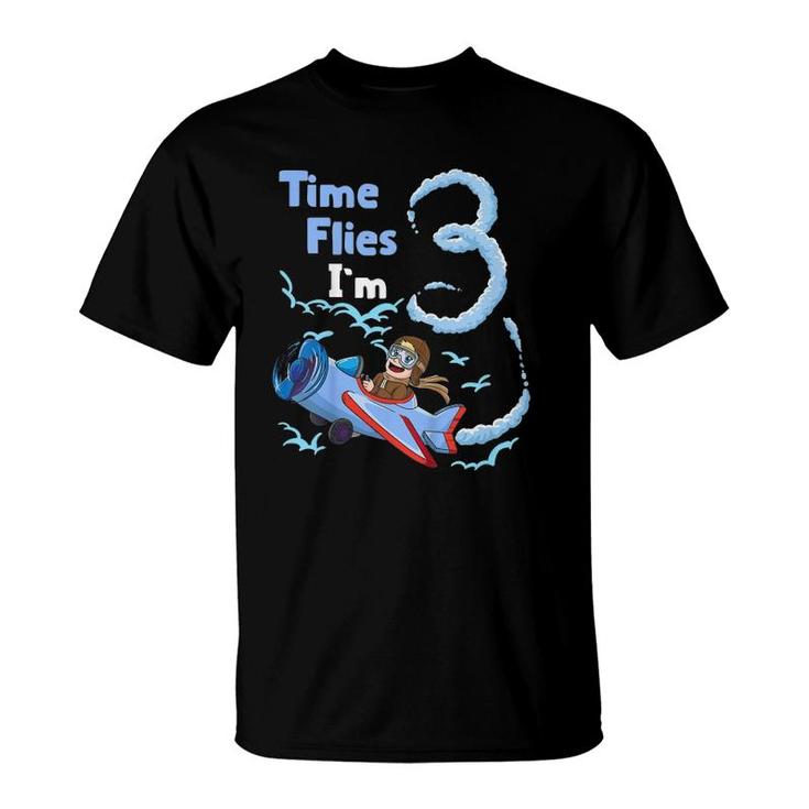 Kids 3Rd Birthday Time Flies I'm 3 Pilot Airplane T-Shirt