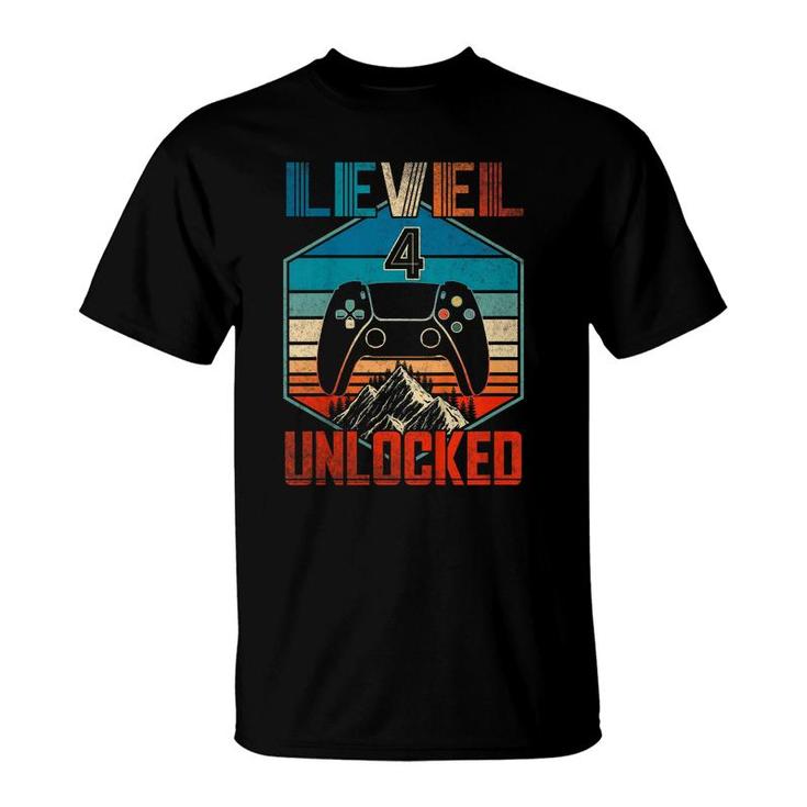 Kids 4Th Birthday Vintage Level 4 Unlocked Video Gamer  T-Shirt