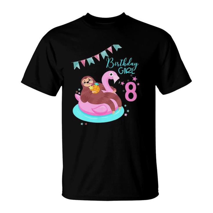 Kids Girls Sloth Birthday Flamingo Pineapple 8Th T-Shirt