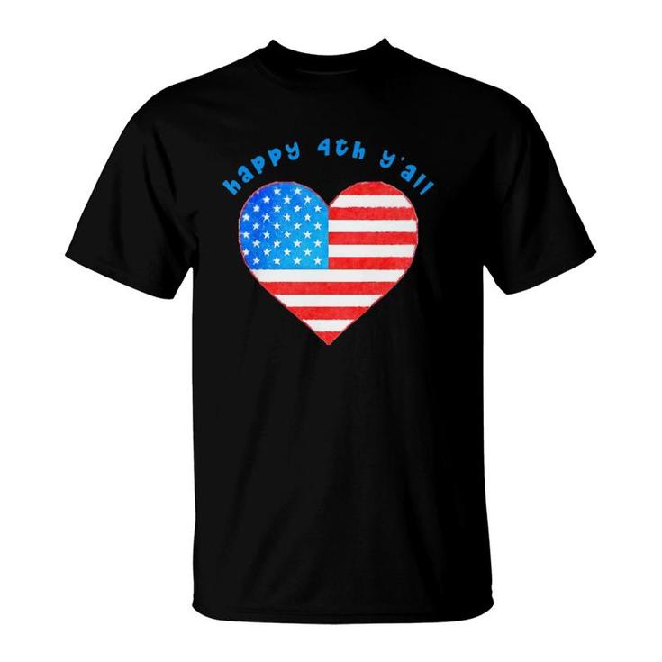 Kids Happy 4Th Y'all American Flag Heart Fourth Of July T-Shirt