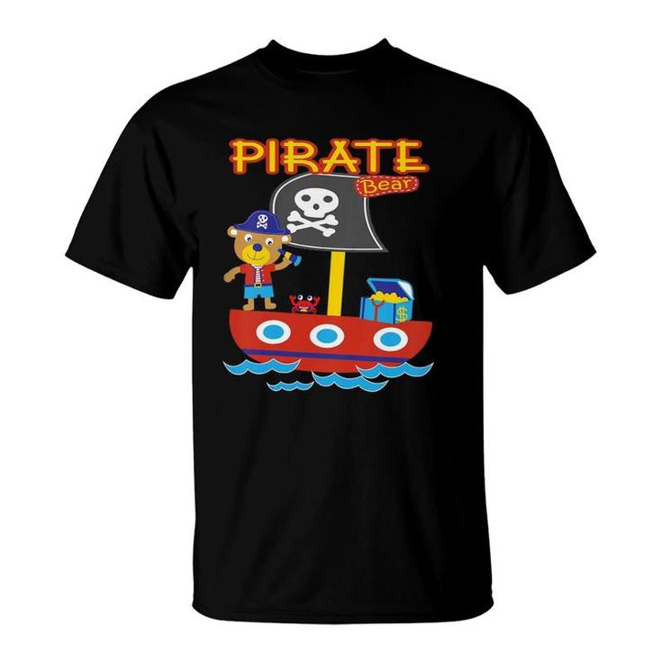 Kids Pirate Bear Funny Treasure Crab Ship Ocean Adventure Animal T-Shirt