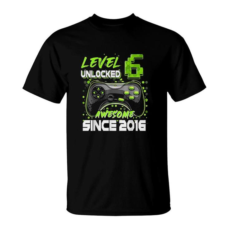 Level 6 Unlocked Awesome Since 2016 6th Birthday Boy  T-Shirt