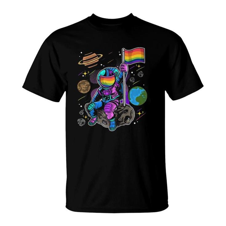 Lgbt Astronaut With Rainbow Pride Flag Sitting On The Moon Raglan Baseball Tee T-Shirt