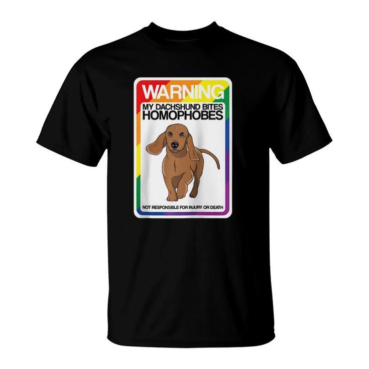 Lgbt Rainbow Funny Warning Dachshund Bites Homophobes Raglan Baseball Tee T-Shirt