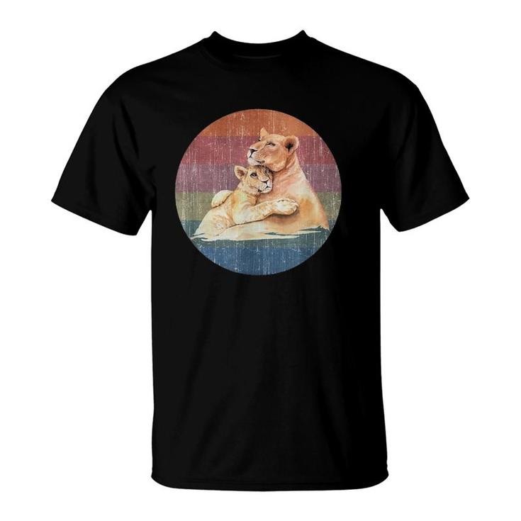 Lioness Lion Mom Baby Cub Watercolor On Distressed Sunset T-Shirt