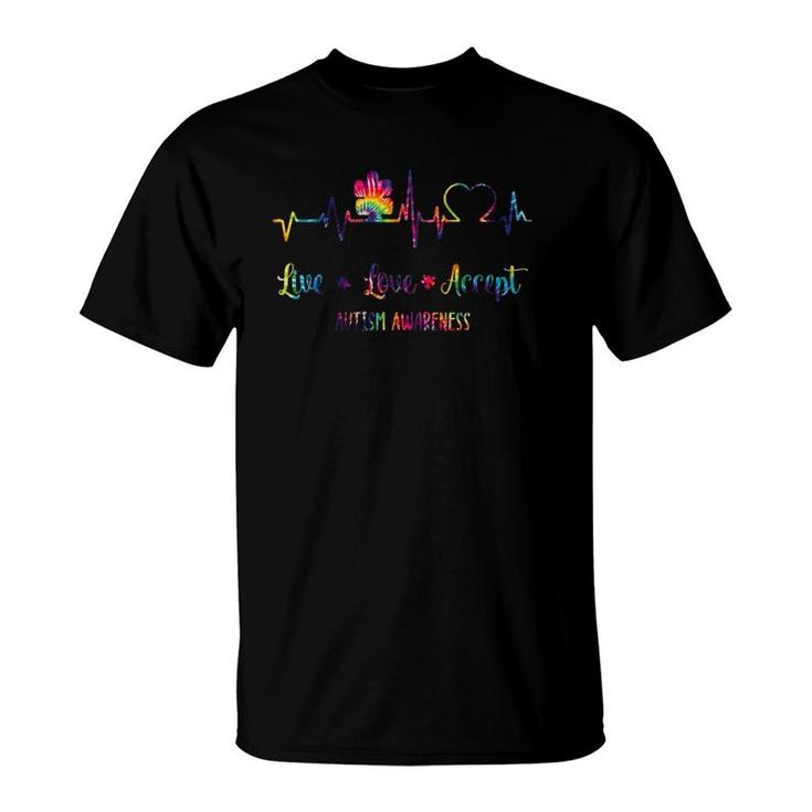 Live Love Accept Autism Awareness Tie Dye Autism Heartbeat T-Shirt